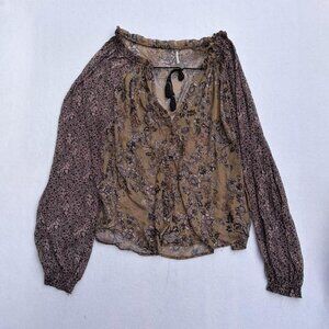 Free People Hendrix Brown Sheer Floral Tassel Puff Sleeve Peasant Blouse Size S